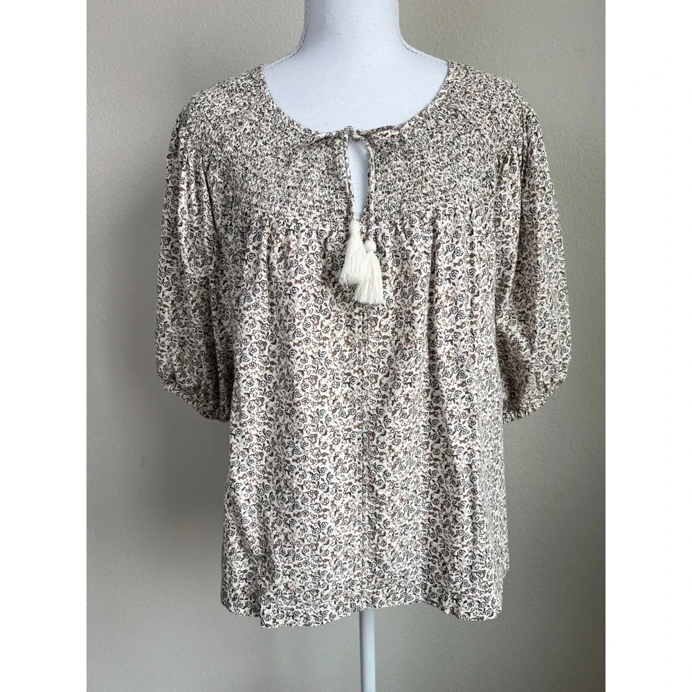 Old Navy Puff-Sleeve Tie-Front Embroidered Swing Top XL Floral Boho Peasant